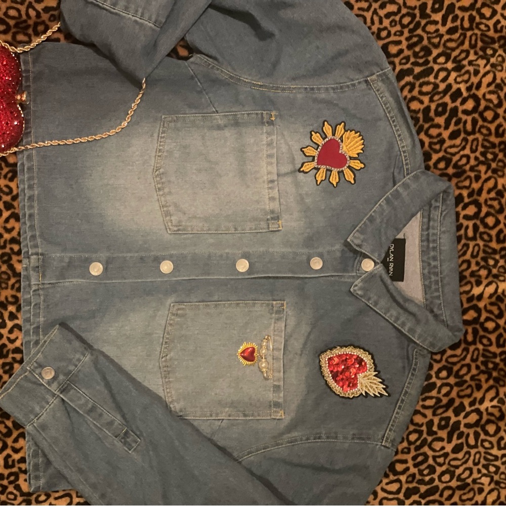 Embroidered Denim Jacket with Heart Patches